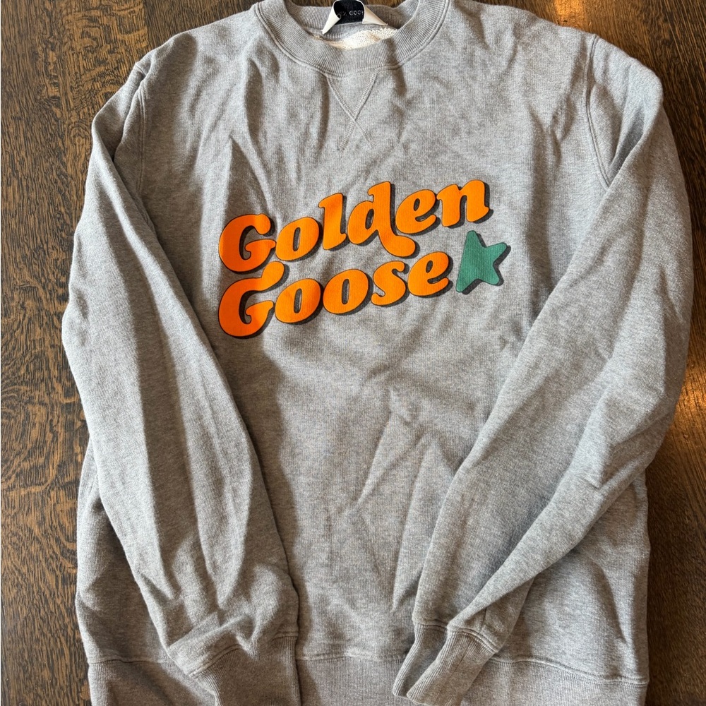 Golden Goose Gray Crewneck Sweatshirt with Orange Logo and Green Star